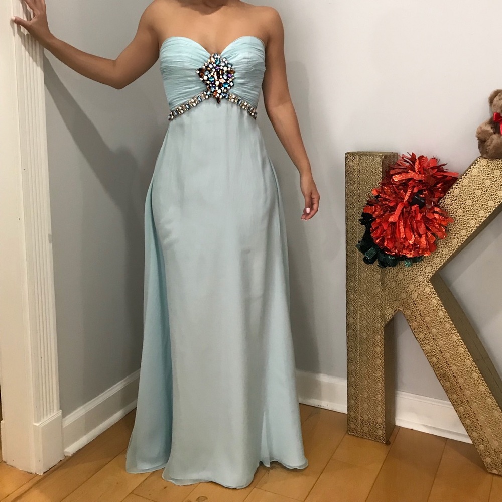 Beautiful baby blue Jovani strapless crystal gown